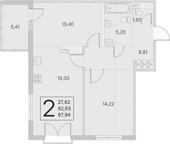 2-комнатная квартира 62.53 м², 3/4 эт., ЖК «Любоград в Стрельне»